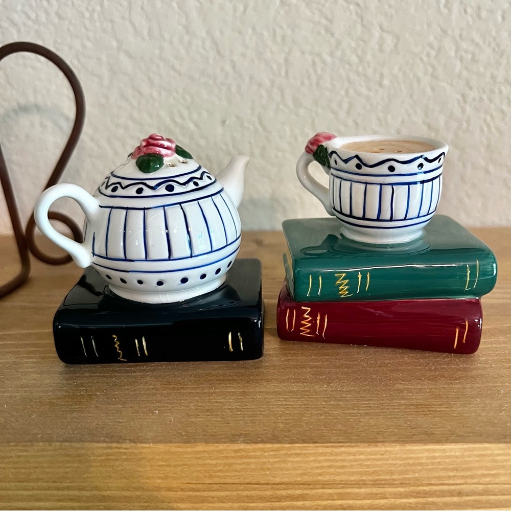 Vintage Clay Art Salt and Pepper Shakers Tea Pot and Tea Cup on Books Ceramic